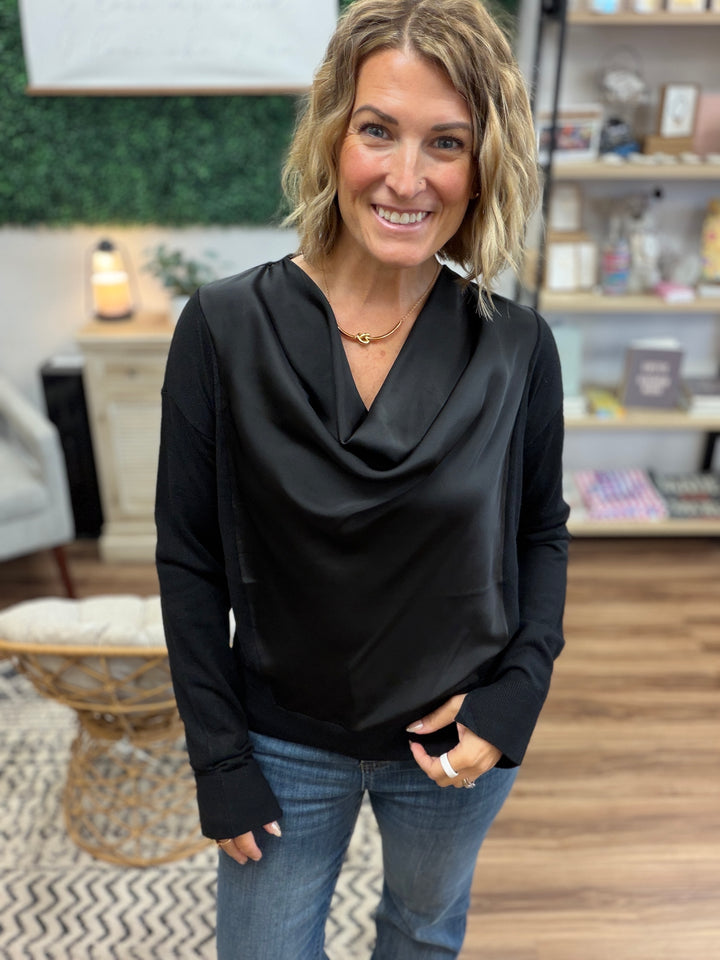 Liverpool - Draped Neck Mixed Media Sweater - Black