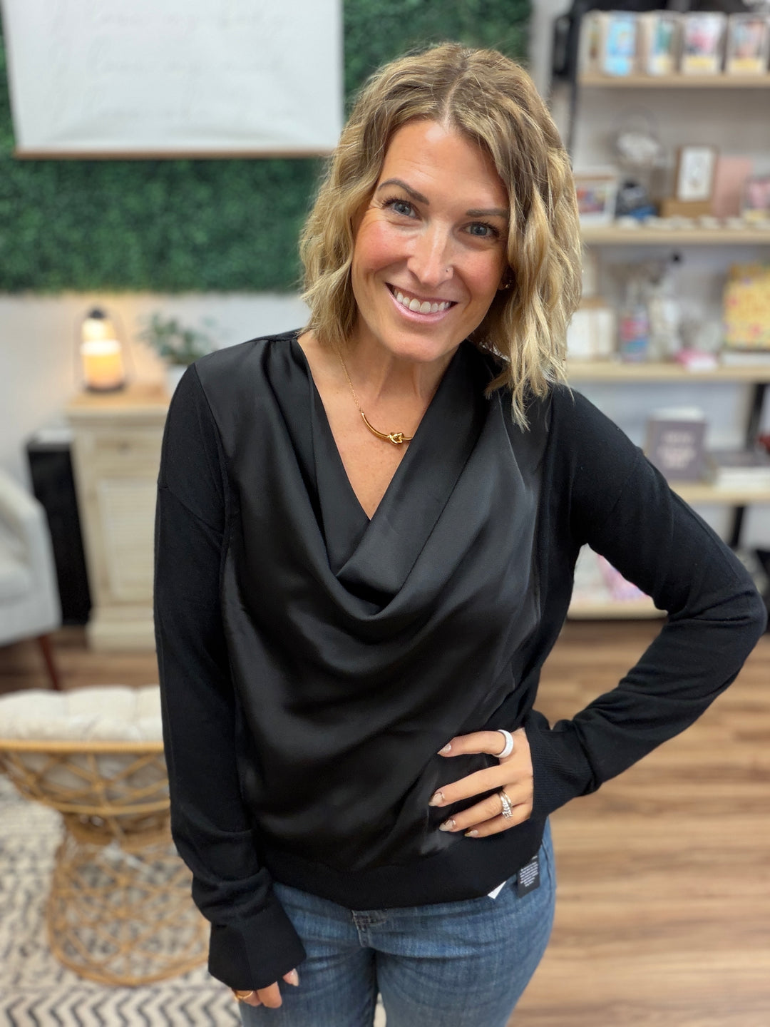 Liverpool - Draped Neck Mixed Media Sweater - Black