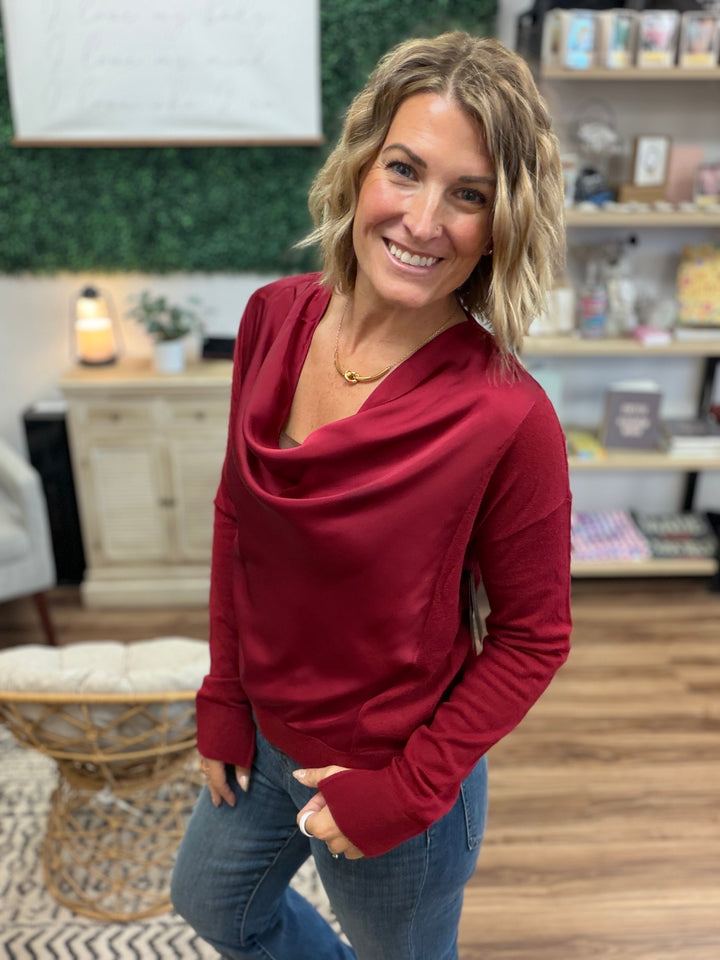 Liverpool - Draped Neck Mixed Media Sweater - Cranberry