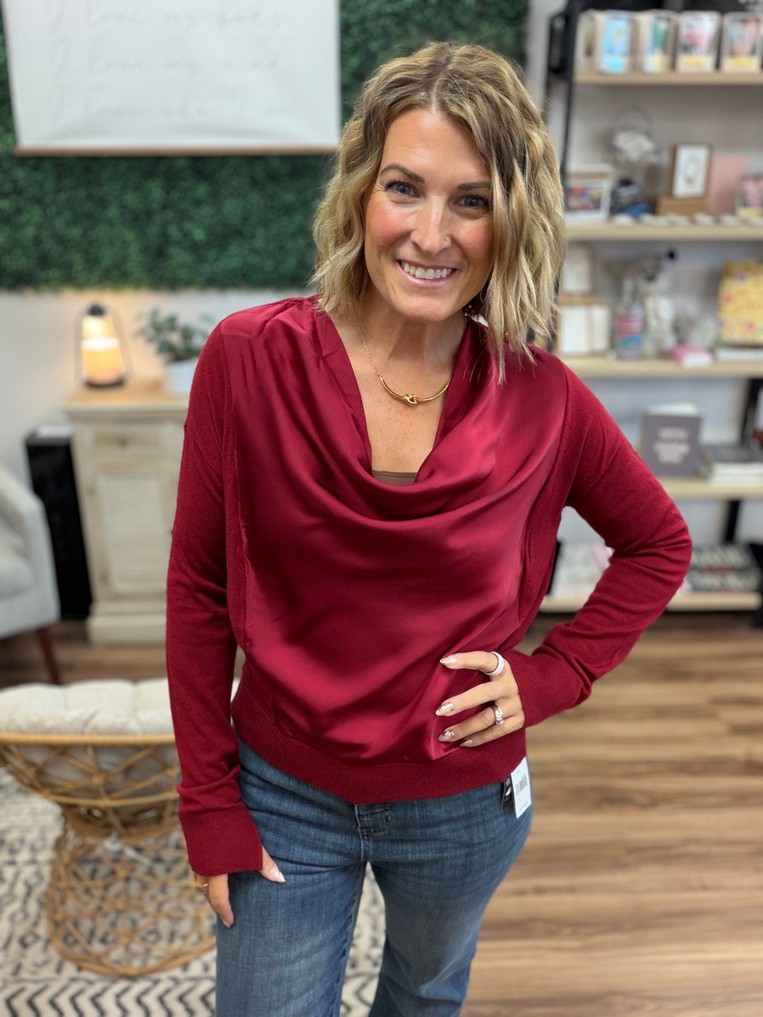 Liverpool - Draped Neck Mixed Media Sweater - Cranberry