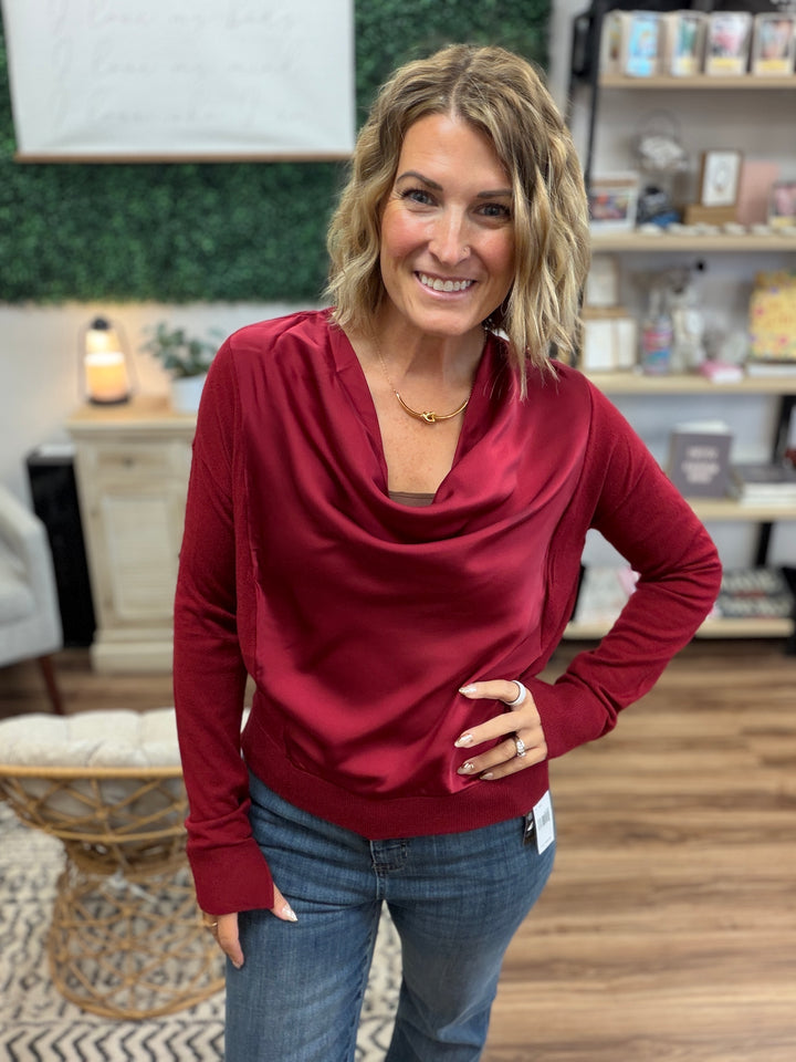 Liverpool - Draped Neck Mixed Media Sweater - Cranberry