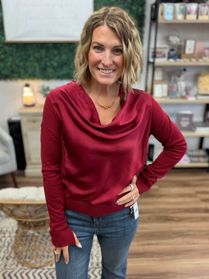 Liverpool - Draped Neck Mixed Media Sweater - Cranberry