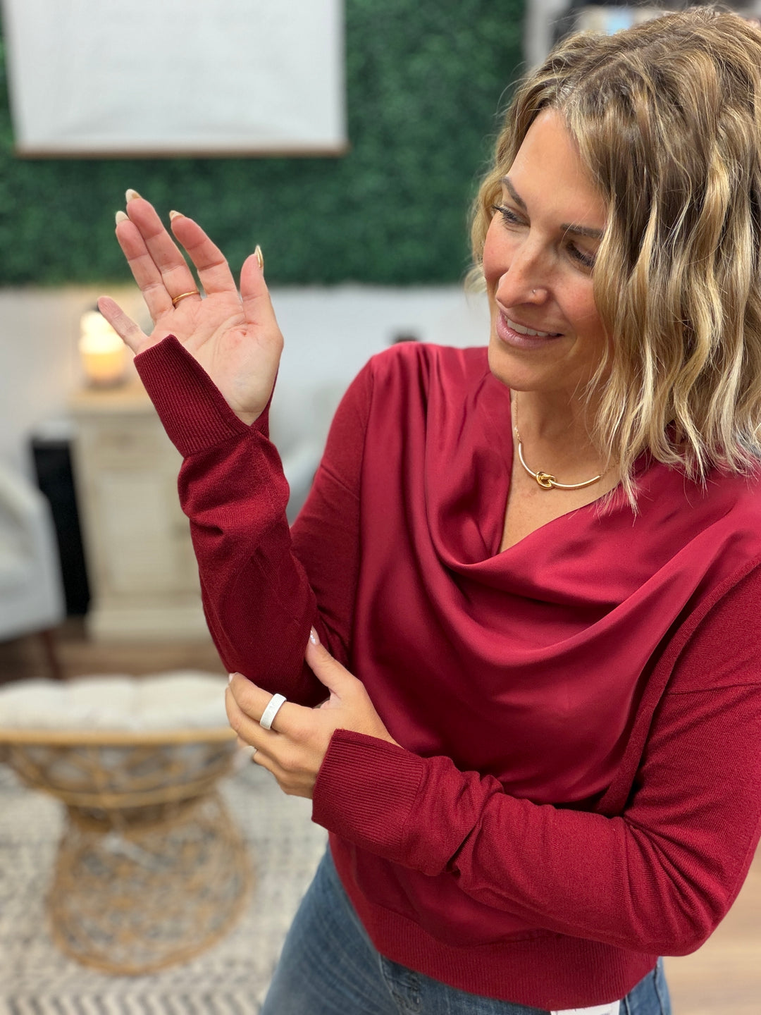 Liverpool - Draped Neck Mixed Media Sweater - Cranberry
