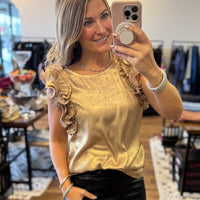 Pleated Ruffle Trim Metallic Top