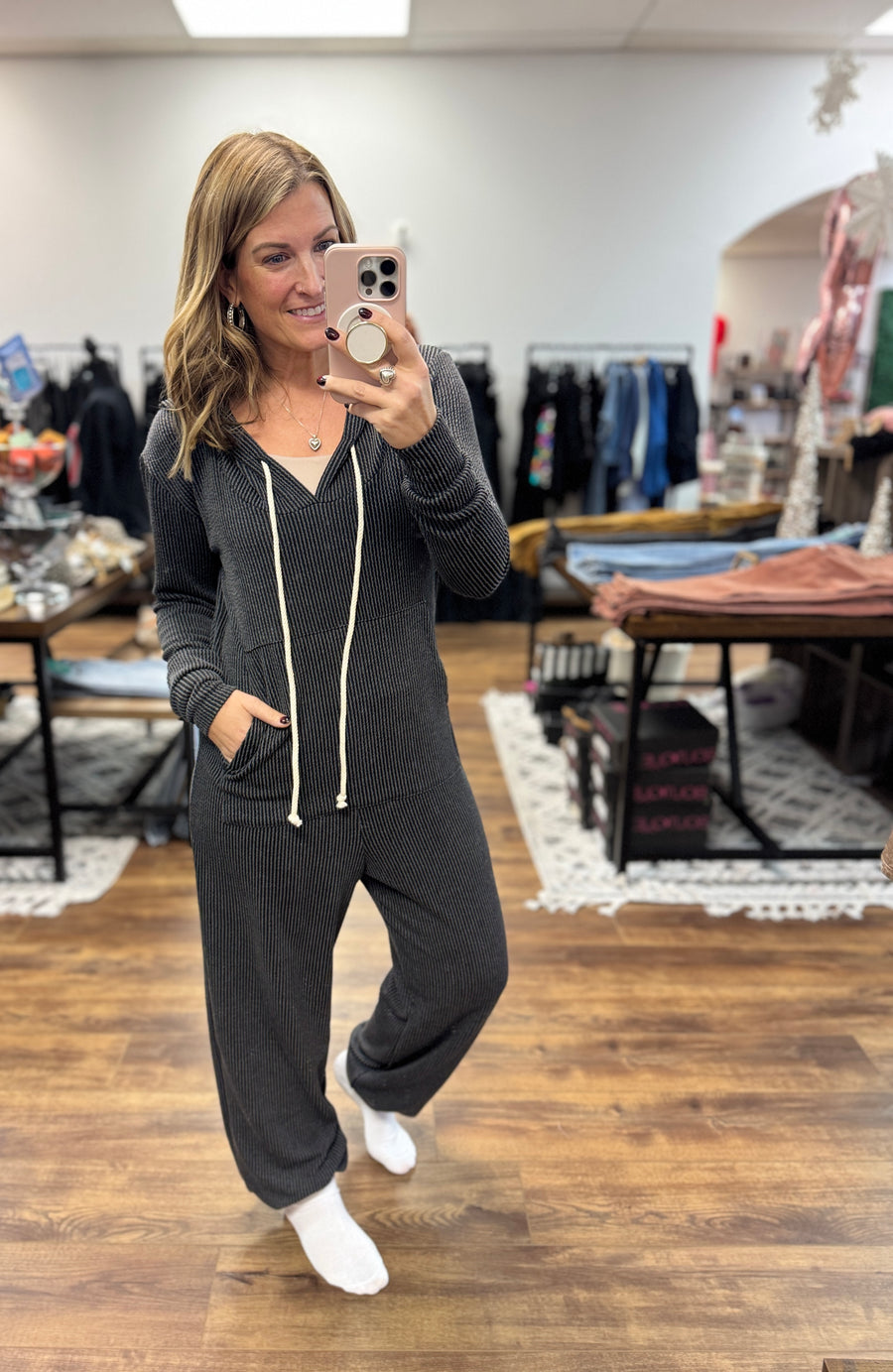 Ribbed Hayden Hoodie Jumpsuit - Charcoal