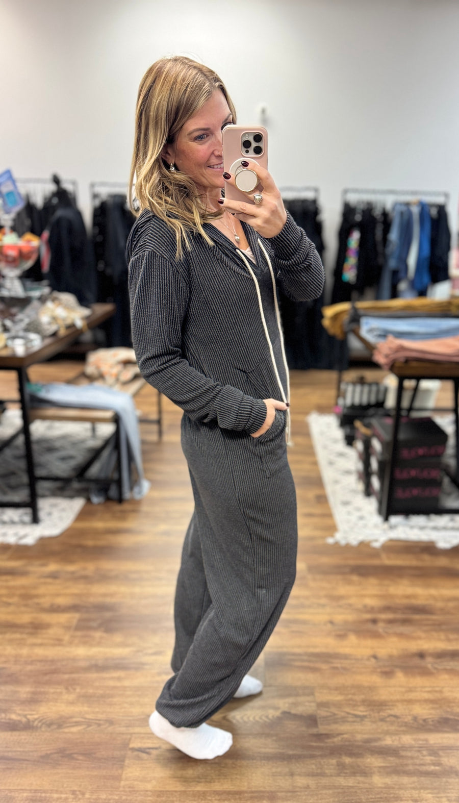 Ribbed Hayden Hoodie Jumpsuit - Charcoal