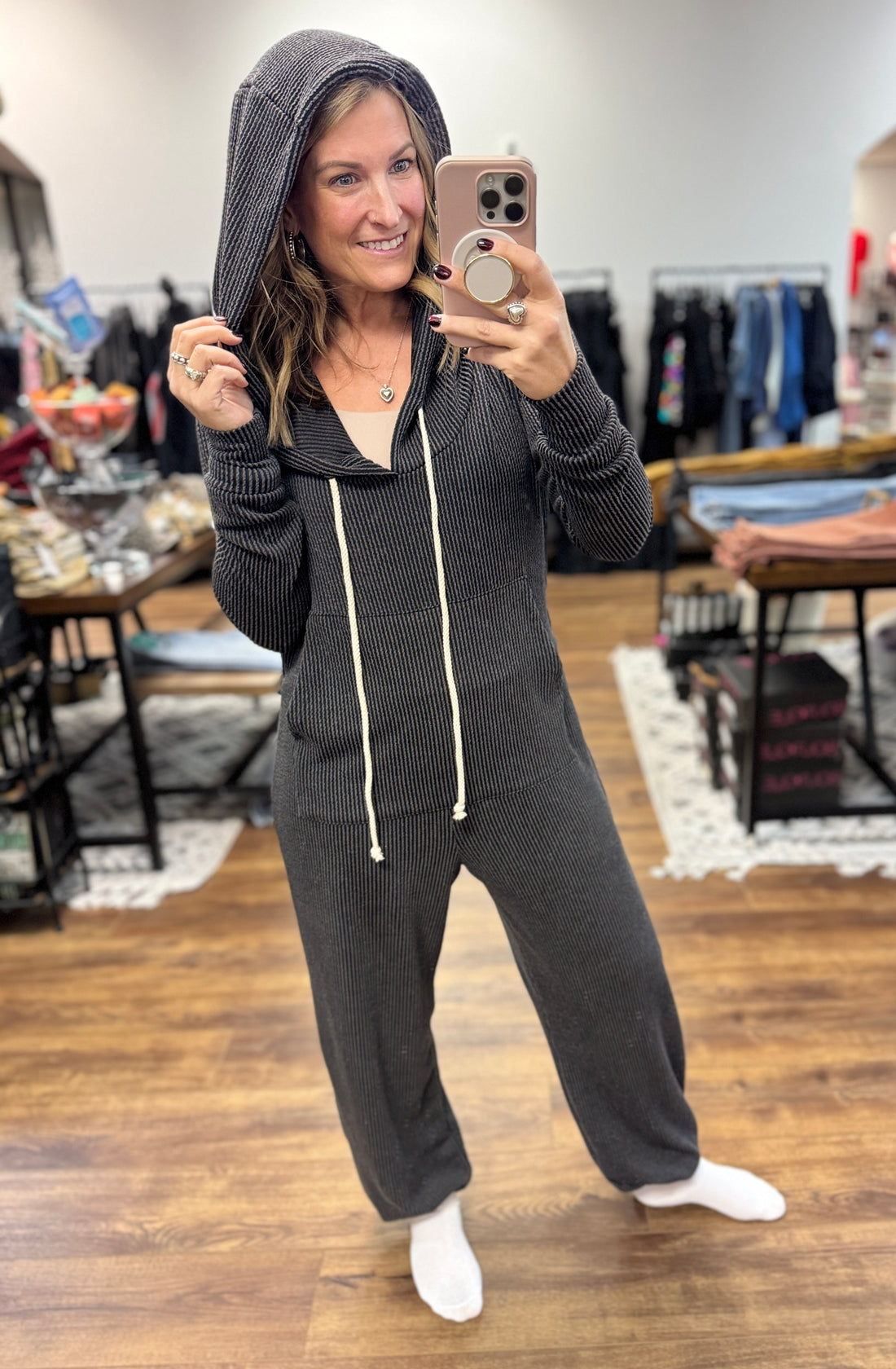 Ribbed Hayden Hoodie Jumpsuit - Charcoal