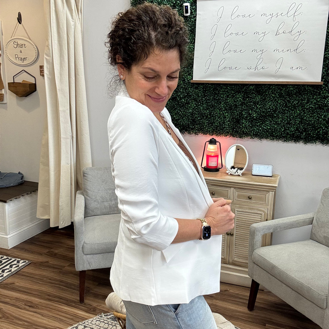 Eco-Friendly Recycled Poly Shirred Sleeve Blazer - White