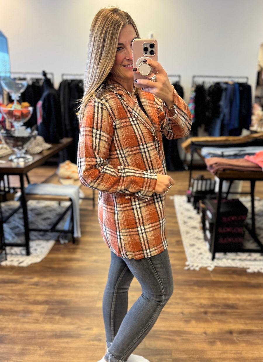 Pull It Together Plaid Blazer - Rust Plaid