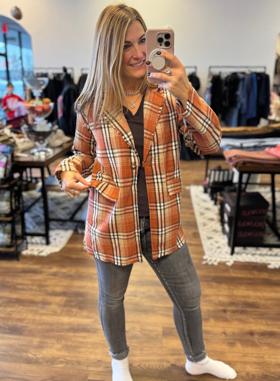 Pull It Together Plaid Blazer - Rust Plaid