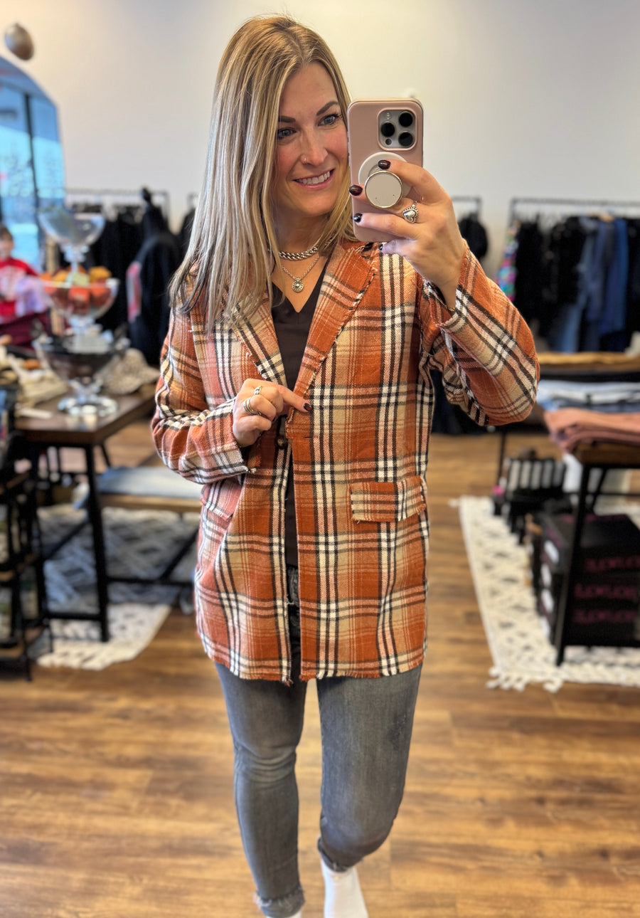 Pull It Together Plaid Blazer - Rust Plaid