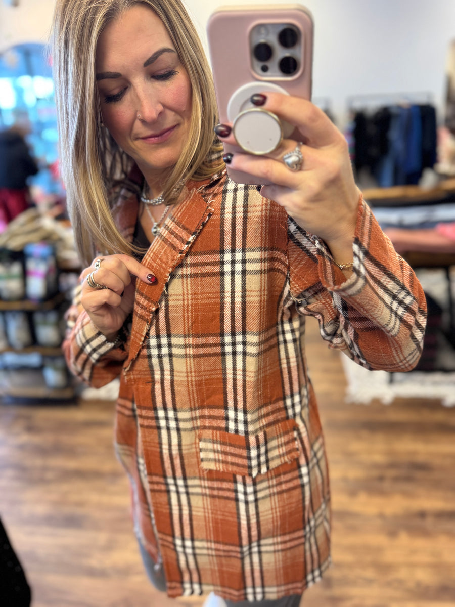 Pull It Together Plaid Blazer - Rust Plaid