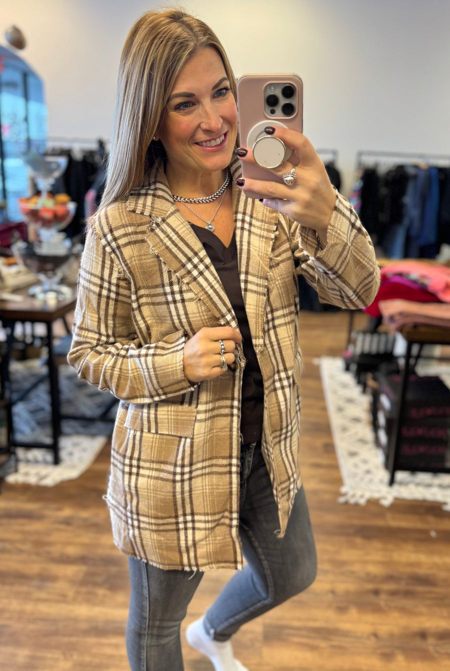 Pull It Together Plaid Blazer - Beige Plaid