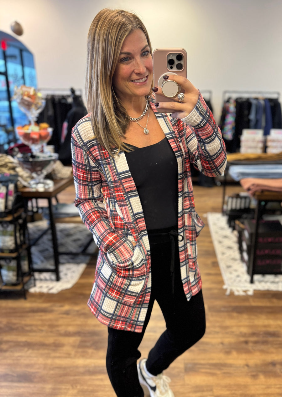 Lola Waffle Knit Cardigan with Thumbholes - Plaid