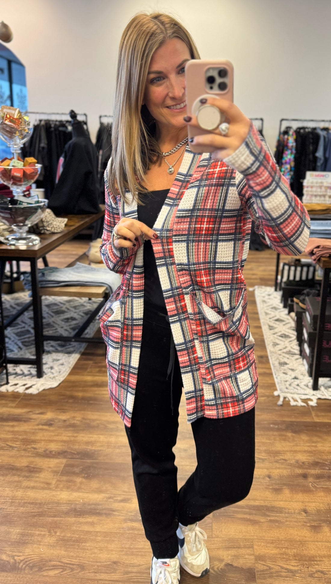 Lola Waffle Knit Cardigan with Thumbholes - Plaid