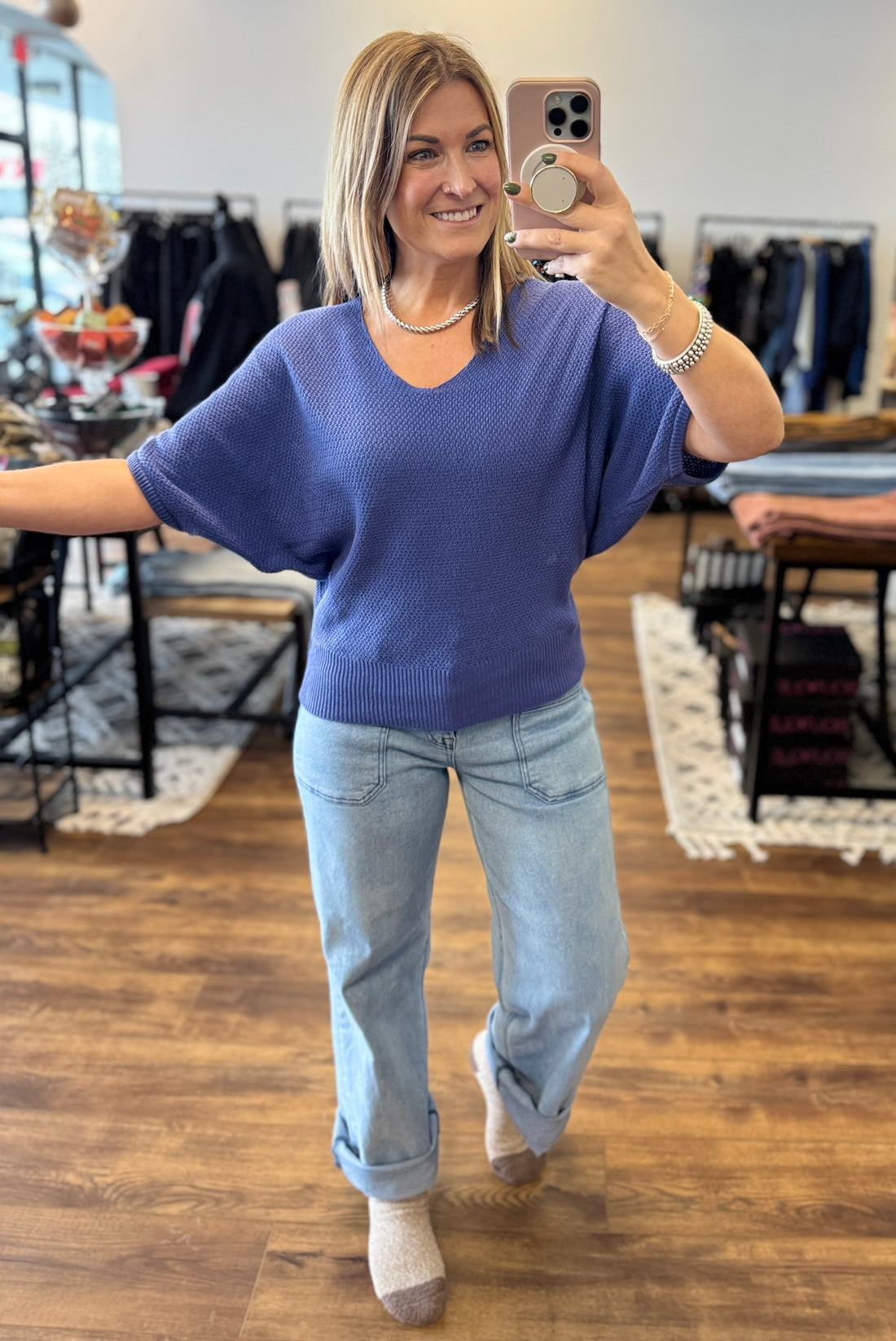 Short Sleeve V-Neck Dolman Sweater - Marlin