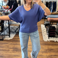 Short Sleeve V-Neck Dolman Sweater - Marlin