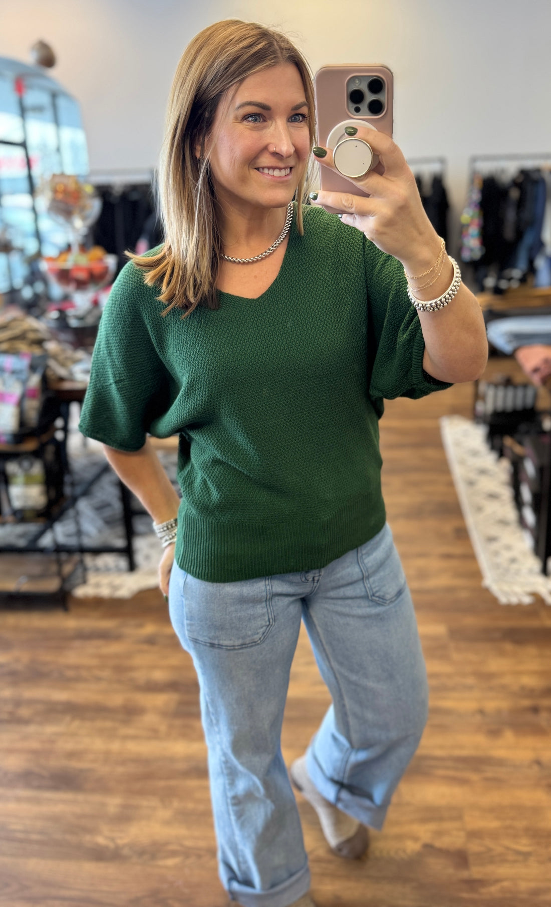 Short Sleeve V-Neck Dolman Sweater - Dark Green