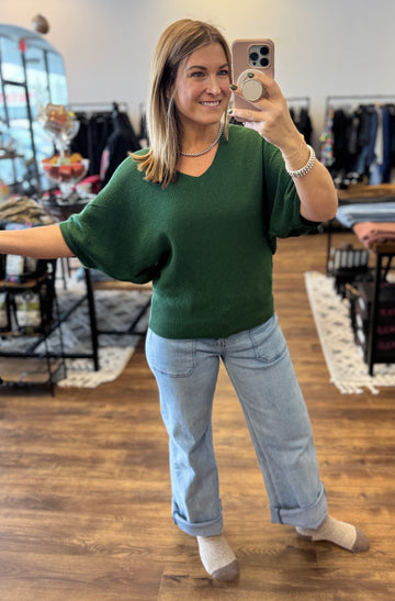 Short Sleeve V-Neck Dolman Sweater - Dark Green