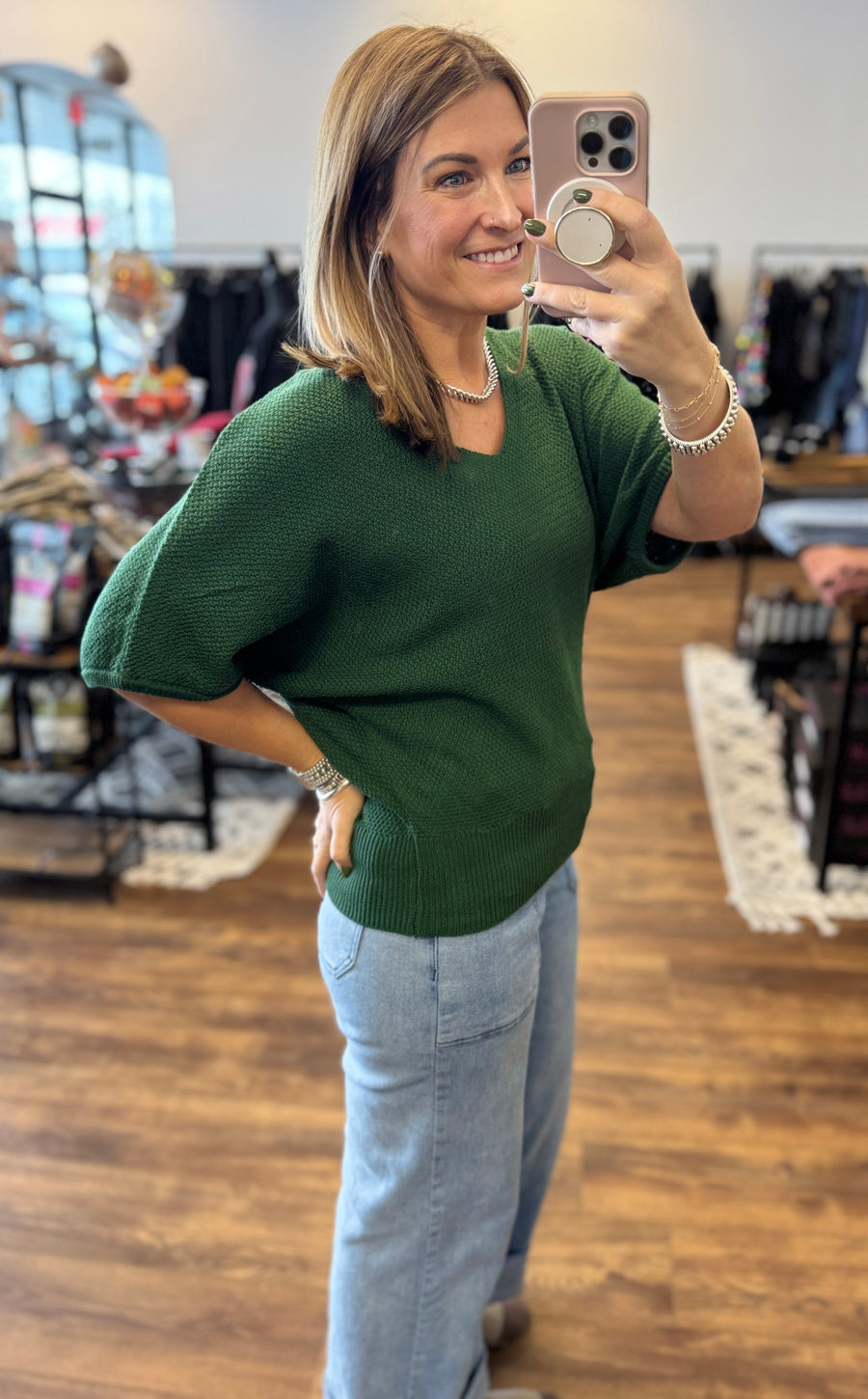 Short Sleeve V-Neck Dolman Sweater - Dark Green