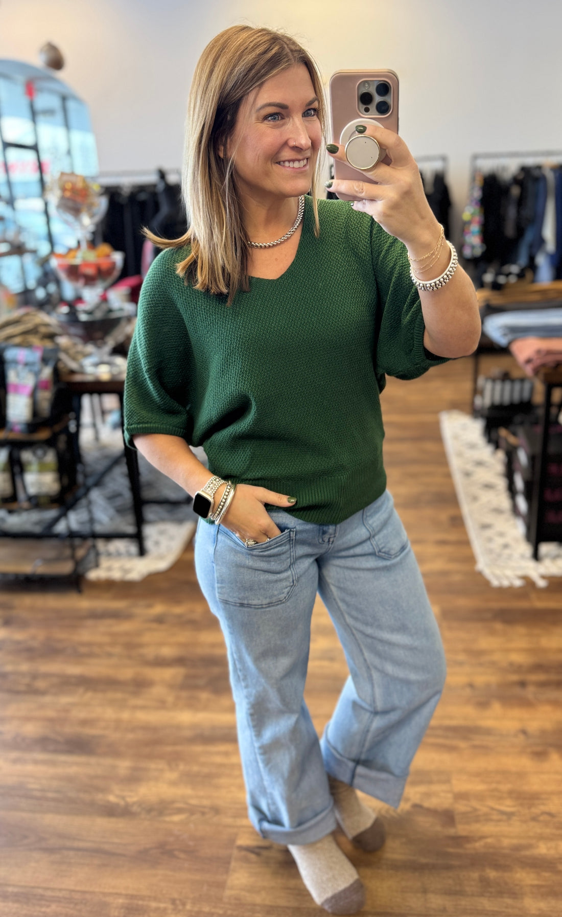 Short Sleeve V-Neck Dolman Sweater - Dark Green