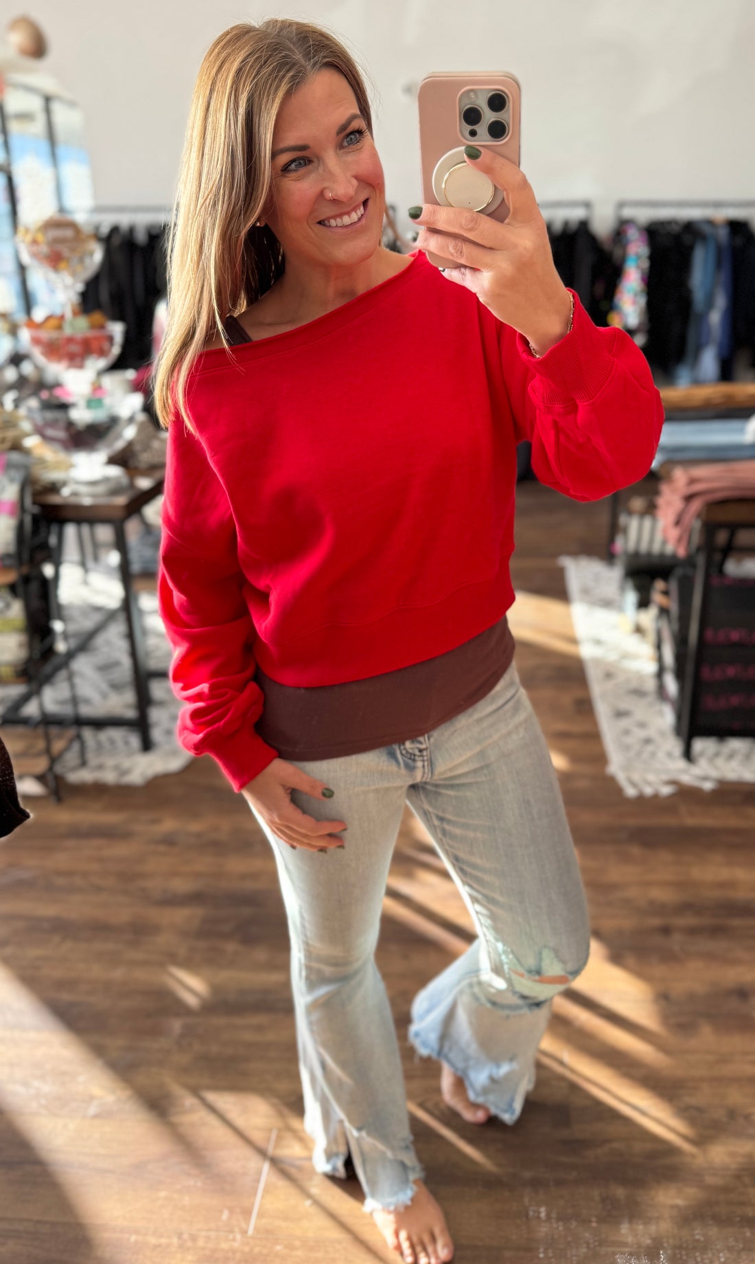 Fleece Off Shoulder Pullover - Red