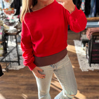 Fleece Off Shoulder Pullover - Red