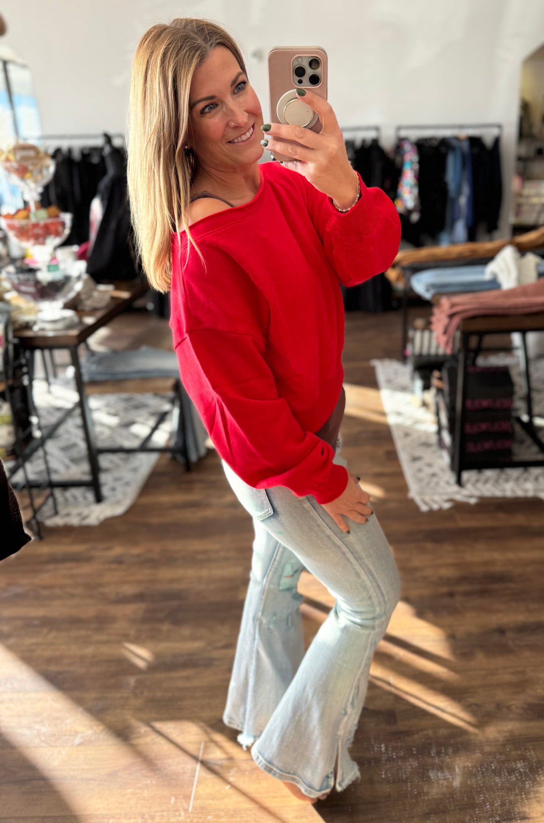 Fleece Off Shoulder Pullover - Red