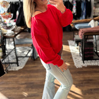 Fleece Off Shoulder Pullover - Red