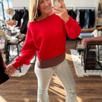 Fleece Off Shoulder Pullover - Red