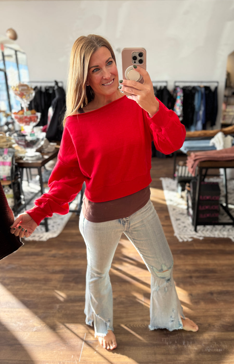 Fleece Off Shoulder Pullover - Red