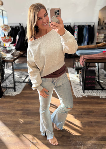 Fleece Off Shoulder Pullover - Heather Grey