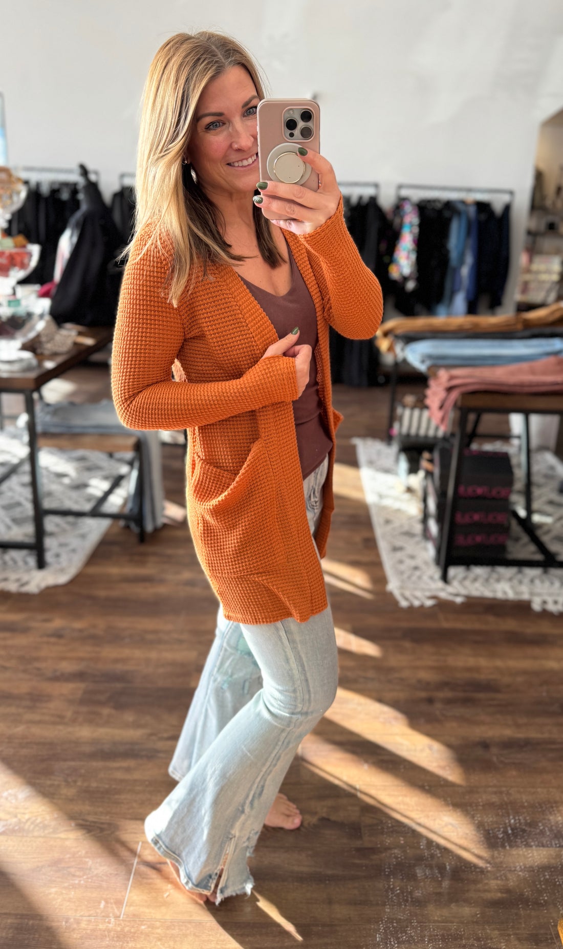 Lola Waffle Knit Cardigan with Thumbholes - Burnt Orange