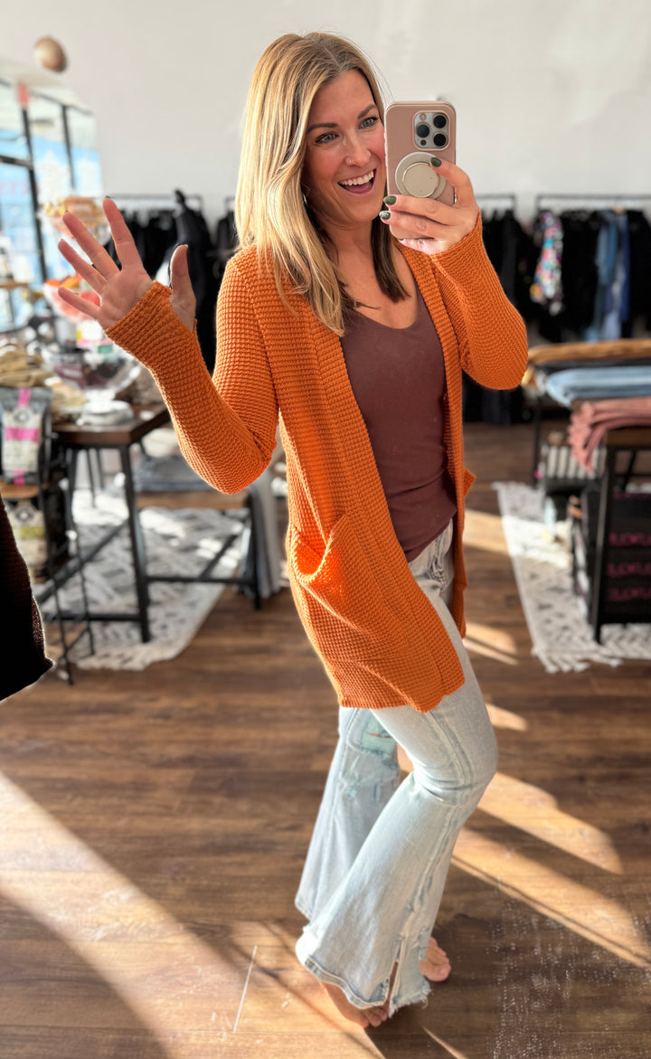 Lola Waffle Knit Cardigan with Thumbholes - Burnt Orange