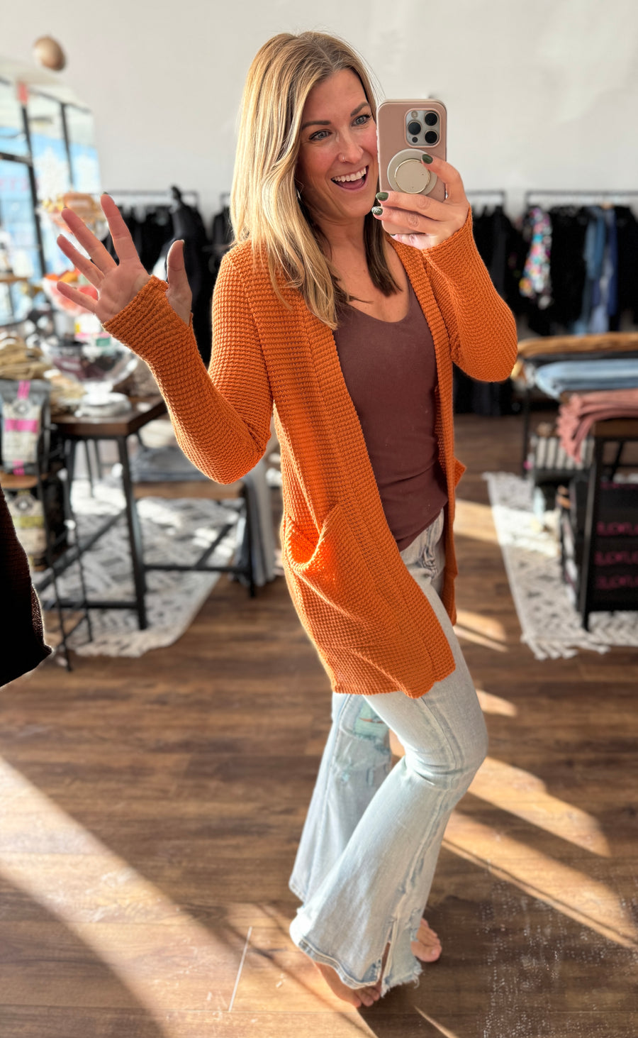 Lola Waffle Knit Cardigan with Thumbholes - Burnt Orange