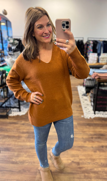 Classic V-Neck Sweater - Dark Camel