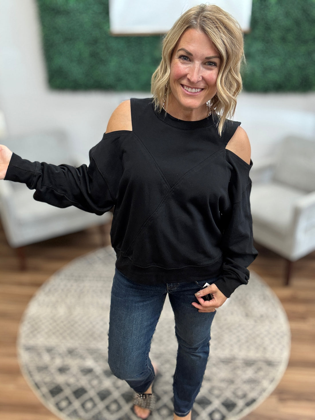 Off-Duty Cold Shoulder Sweatshirt - Black