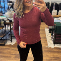 Long Sleeve Pearl Top - Burgundy