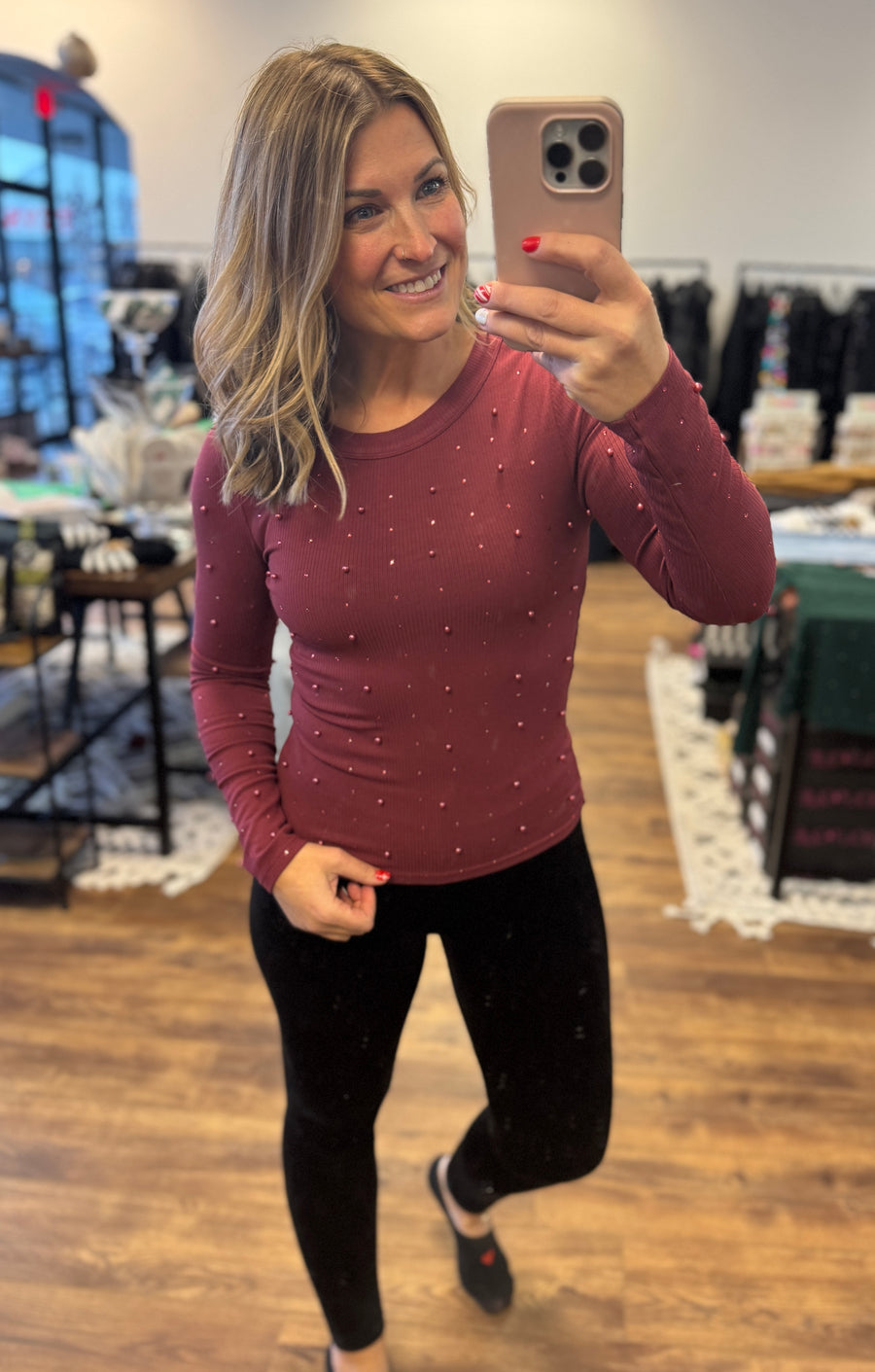 Long Sleeve Pearl Top - Burgundy