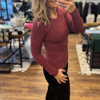 Long Sleeve Pearl Top - Burgundy