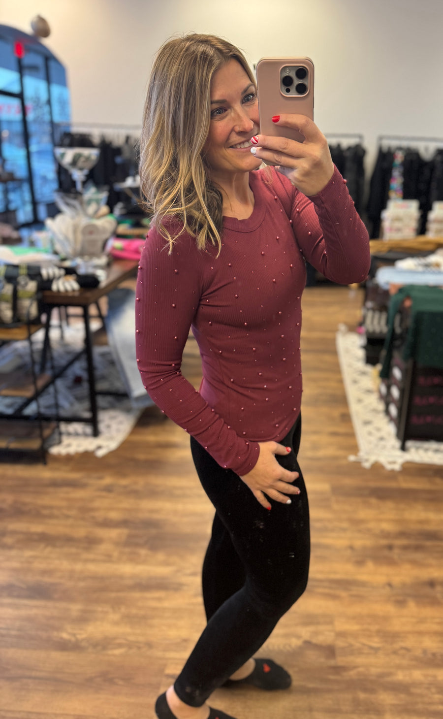 Long Sleeve Pearl Top - Burgundy