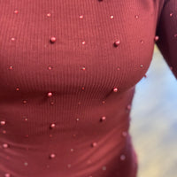 Long Sleeve Pearl Top - Burgundy