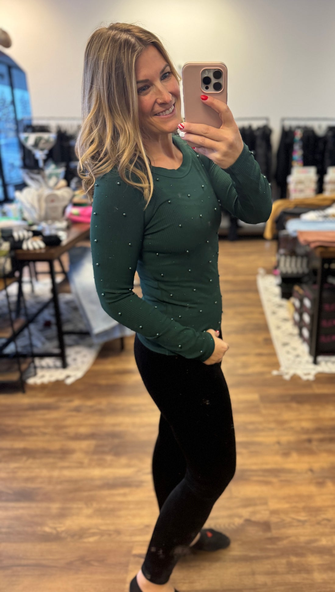 Long Sleeve Pearl Top - Hunter Green