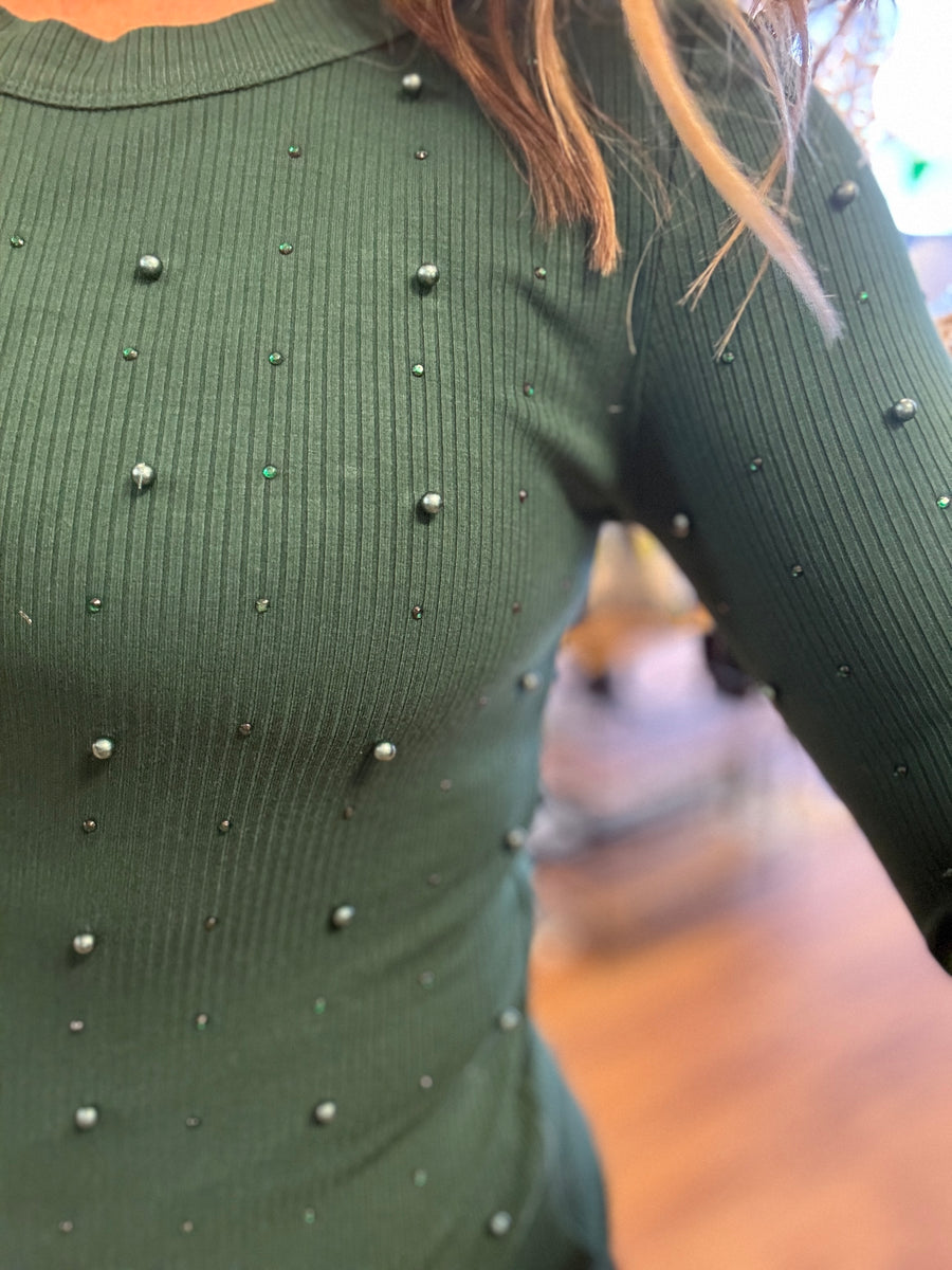 Long Sleeve Pearl Top - Hunter Green