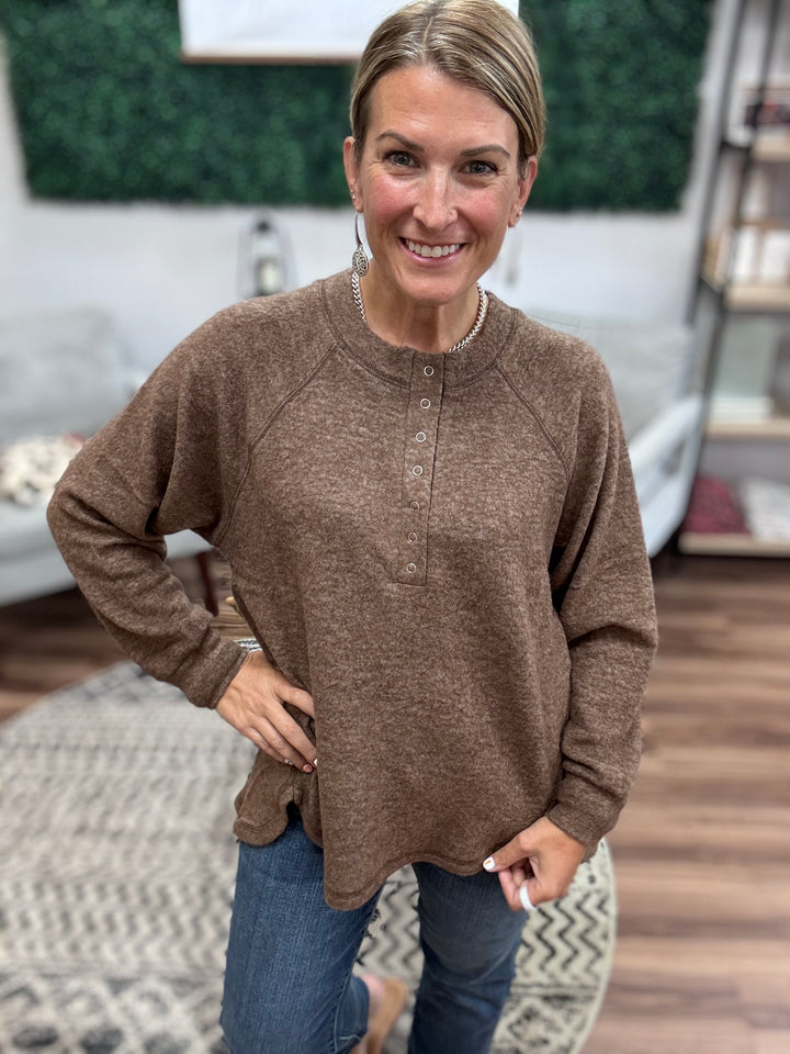 Brushed Melange Henley Top - Brown