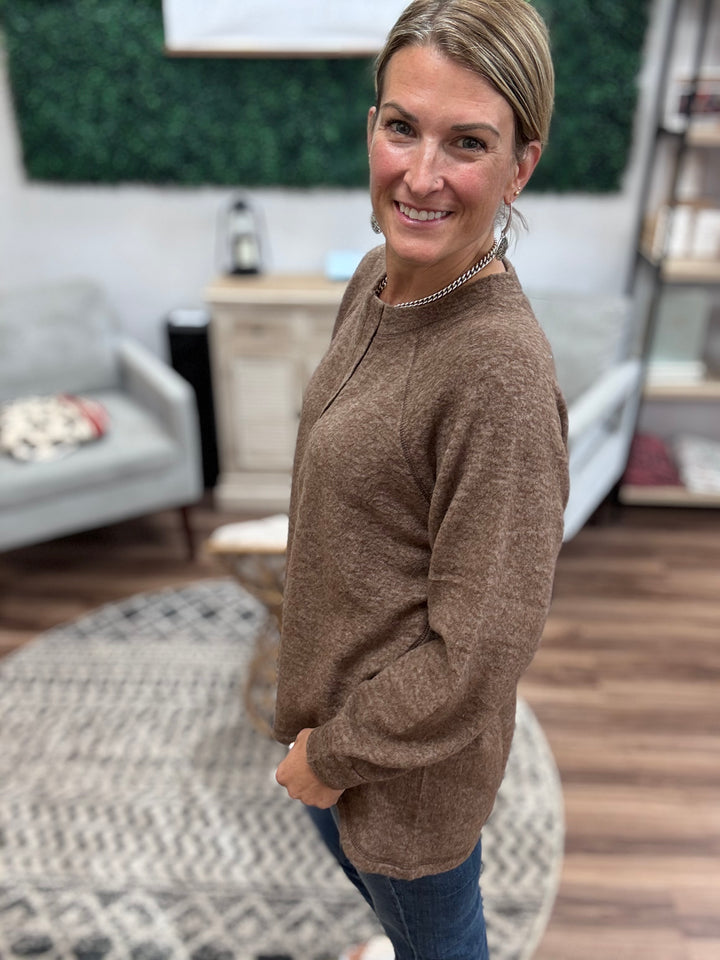 Brushed Melange Henley Top - Brown