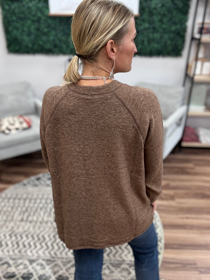 Brushed Melange Henley Top - Brown