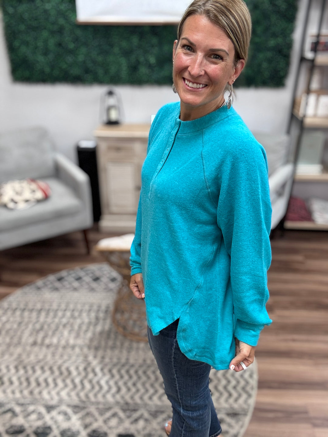 Brushed Melange Henley Top - Teal