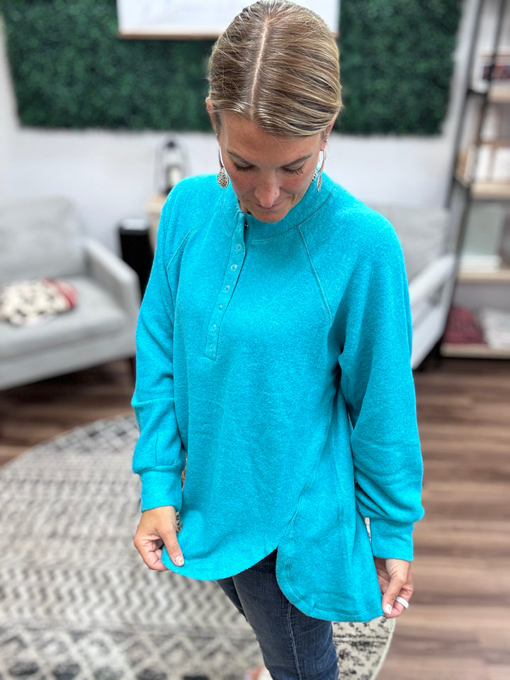 Brushed Melange Henley Top - Teal