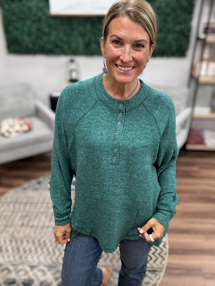 Brushed Melange Henley Top - Dark Green